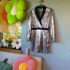 Rachel Zoe Silver Sequin Long Sleeve Dress